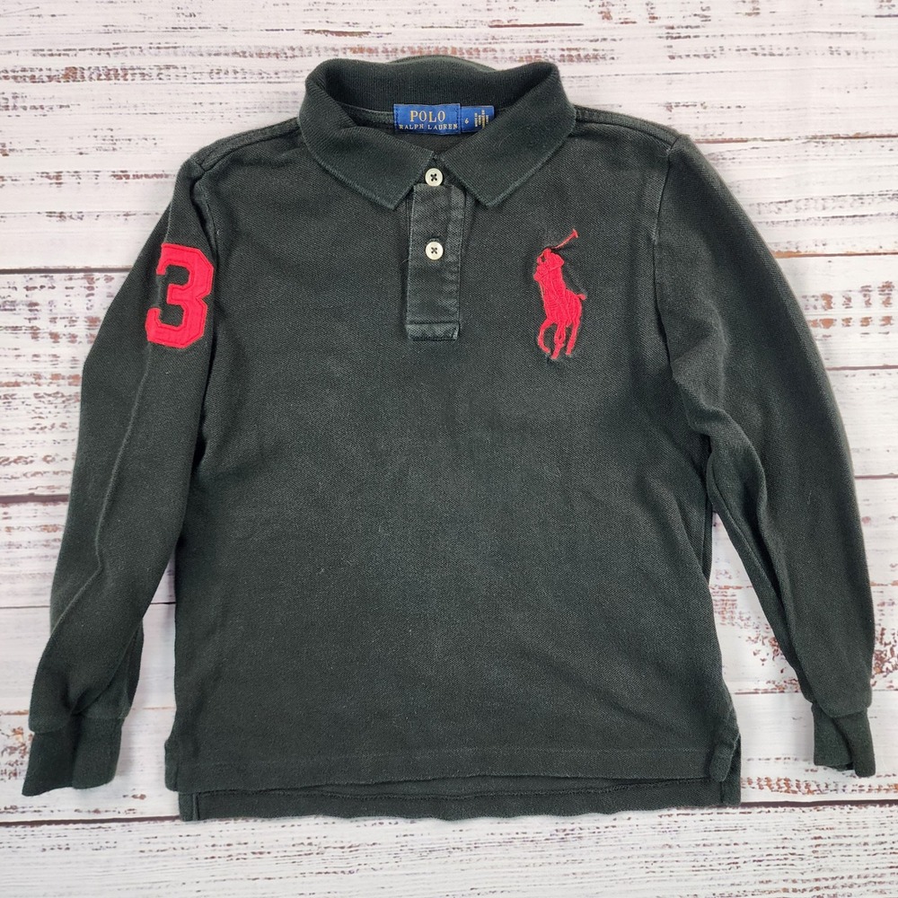 Polo Ralph Lauren Boys Big Pony Long Sleeve Polo Shirt Black Red No 3 Size 6